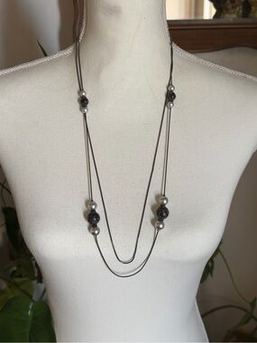 Vintage Silver & Black Marbled Beads & Oiled Leather Cord Beaded Necklace